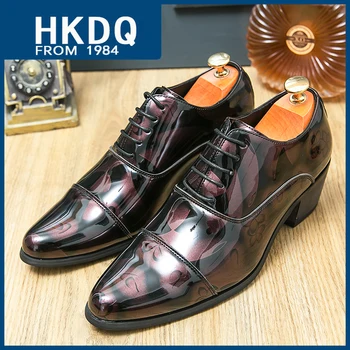 HKDQ/ Класически мъжки сватбени обувки на висок ток, модни Лоферы от лачена кожа, мъжки Елегантни мъжки модел обувки с цвят на червено вино