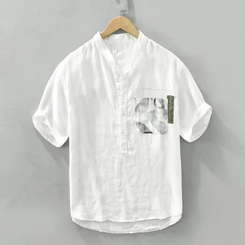 Нови Дизайнерски качествени маркови ризи от чист лен с къс ръкав За мъже, Модни дишащи, пуловери, потници, Облекло Camisa Masculina