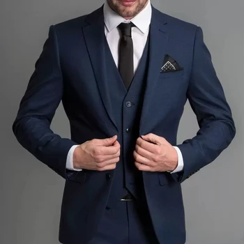 Тъмно сини Мъжки Костюми, приталенные Сватбени Смокинги с Назъбени ревери, Комплекти от 3 елементи, изработена по поръчка на Бизнес мъжки костюм (сако + Панталон + елек)