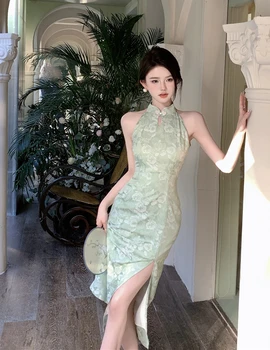 Новият китайски супериорна чонсам в китайски стил, рокля на спагети презрамки, темперамент, елегантна женска пола с цепка, облегающая бедрата, чисто сексуално желание