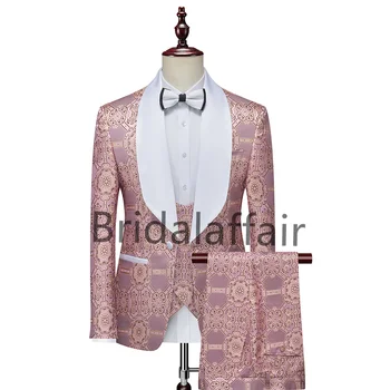 Сватбени жакард смокинговые костюми с цветен модел за мъже, сватбен оборудвана сако с жилетка, панталони, мъжки костюм от 3 теми