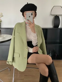 Двустранно кашемировое палто дамско късо палто в стил 2023, нов костюм в корейски стил с яка в стил гаджето си, свободно палто, вълнена а-тип
