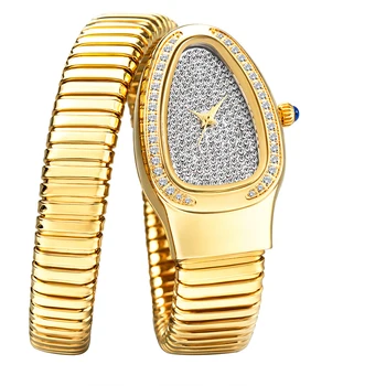 Модни Луксозни дамски часовник във формата на змия, кварцов часовник от неръждаема стомана, бижута в стил хип-хоп, гривна с диаманти, дамски часовници