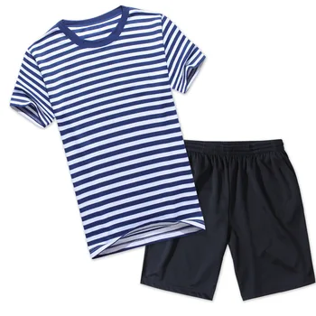 Тренировъчното рокля за морски фитнес със сини и бели къс ръкав и кръгло деколте, набор за тренировки на открито, Лятна морска риза, тениска с океана