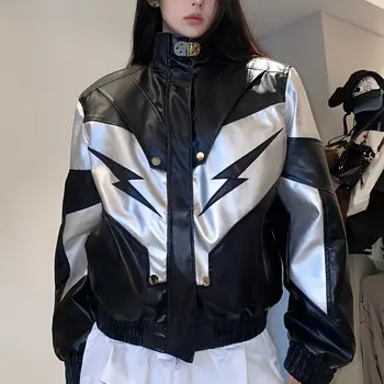 Дизайнерско яке с цветни елементи, за 2023 г., новите модни тенденция якета от изкуствена кожа за жени, есенно-зимно палто