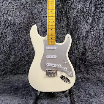 Електрическа китара ST с твърд корпус Кремав, жълт на цвят, кленов лешояд, метални накладки, Благородна китара, Безплатна доставка