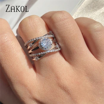 ZAKOL Луксозно Сребърен многослойно пръстен с кубическим цирконием на пръст, Модни Годежни пръстени за жени, бижута за рожден Ден, подаръци