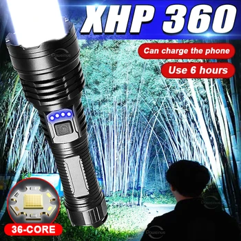 Мощен Led фенерче XHP360, която се презарежда чрез USB, Мощна светкавица, Тактически захранване, фенер, Лампа за къмпинг 9000 лумена