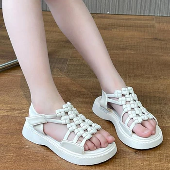 Детски сандали в плетеном стил, отворени обикновена летни сандали в британския стил за момичета с отворени пръсти, Модни детски обувки на платформа за деца