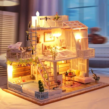 Дървена куклена къща със собствените си ръце, миниатюрни строителни комплекти, Малки къщички, Roombox, Голяма куклена къща с поставяне на мебели, модел Подаръци, играчки, Casa