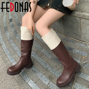 FEDONAS/ модни разноцветни дамски ботуши до коляното от естествена кожа от най-високо качество на дебелите ток, офисна дамски обувки за есен-зима