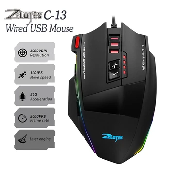 ZELOTES C-13 Проводна USB-мишка с 13 бутони, 13 Програмируеми бутони, 5-степенна Оптична Ергономична Детска мишка с резолюция от 10000 точки на инч, регулируем RGB