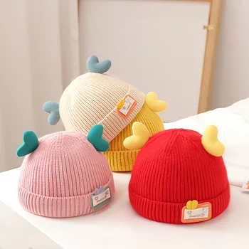 Мультяшная детска шапчица-бини със сърце, зимна топла вязаная шапка за новородено, красиви уши, Обикновена Възли шапки за малки момчета и момичета, Качулка