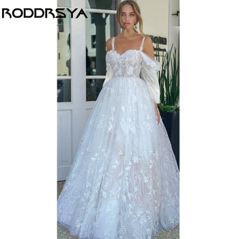 RODDRSYA, Сватбената рокля Трапецовидна форма с тънки спагети презрамки, Романтични сватбени рокли с аппликацией от тюл, Елегантни рокли за булката с пищни ръкави