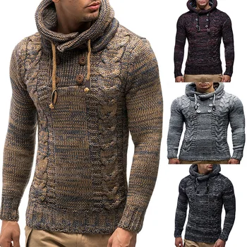 Пуловер 2023, Европейското и американското мъжко вязаное палто, есен-зима, по-Големи размери, с високо воротом, качулка