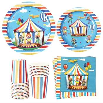 Прибори за еднократна употреба в стила на цирка, на плочи с изображение на цирков клоун, чаши, Салфетки, аксесоари за парти в чест на рождения ден в стил Щастлив цирк за момчета