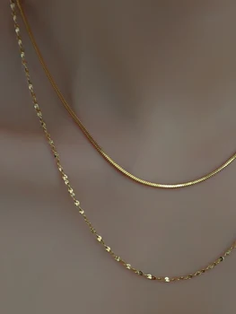 Дамски верига на ключицата, двупластова, от титанов стомана, не избледняват, с огърлица от 18-каратово злато с покритие
