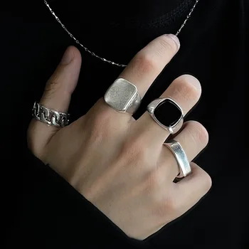 4 бр./компл. Пънк-Метал сплав, Геометрични черен комплект пръстени за мъже, Бижута, Градинска облекло за партита в стил хип-хоп, Модерен пръстен за партита, Аксесоари, подарък