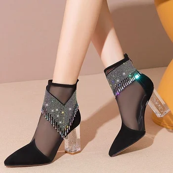 Летни модни дамски обувки 2023 Нови Лъскави Женски обувки с кристали, с остри пръсти в масивна ток За парти Мрежести Дамски Сандали