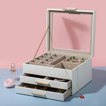 Многопластова кутия за съхранение на бижута със стъклен капак, Луксозна кутия, в Ковчег за показване на бижута, Обеци, пръстен, торбичка За подарък органайзер за грим