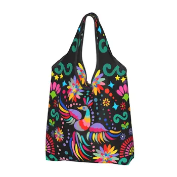 Текстилна чанта за пазаруване с забавен принтом в мексикански стил, и цветя модел, преносима чанта за пазаруване през рамо, ярка чанта с бродерия