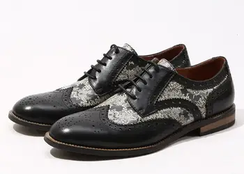 Висококачествени черни обувки-дерби дантела, мъжки обувки с принтом, мъжки обувки от естествена кожа, сватбена мъжки обувки в стил ретро
