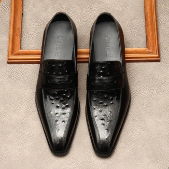 Луксозни Италиански Мъжки Модел Обувки От естествена Кожа, Модерен Дизайн Черните Сватбени Лоферы С Остри Пръсти в Бизнес Стил, Мъжки