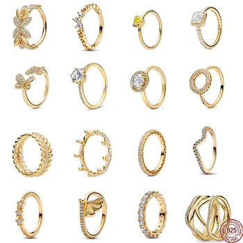 Горещо разпространяван пръстен златна серия от сребро 925 проба, изискана короната, пръстен с кръгла вълна, годежен женски пръстен, подарък