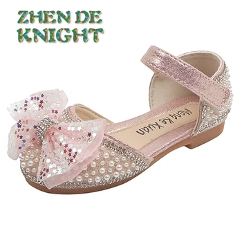 2023 нови Летни обувки на Принцесата за малки момичета; Модни детски кожени обувки на плоска подметка с пайети и лък;