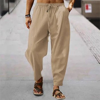 Летни мъжки Памучни панталони с завязками от коноп, Ежедневни, плажни панталони с еластичен ластик в областта на талията на панталоните за джогинг и йога
