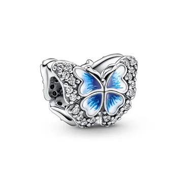 Неподправена Топчета от Сребро 925 Проба, Синя Пеперуда, искрящи чар, подходящ За жените на Pandora, Гривна, Подарък, бижута със собствените си ръце