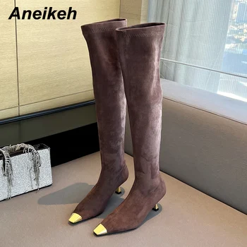 Aneikeh 2024, Елегантни пикантни Ботуши над коляното с метална украса и остри пръсти, Дамски пролетно-есенни обувки 