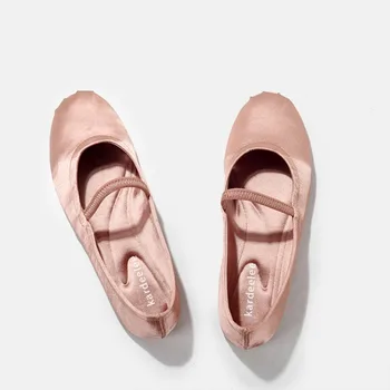 Пролетно-есенни обувки Mary Jane, на равна подметка, Дамски обувки с кръгло бомбе, Телесно-розови Копринени сатен балет апартаменти, Дамски обувки