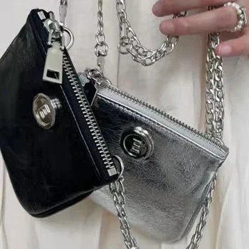 Корейски модерен мини-чанти за рамо Ins, ПУ, черен, сребрист цвят, чанта през рамо с цип за жени, червило, лична карта, кредитна карта, чанти за съхранение на пари