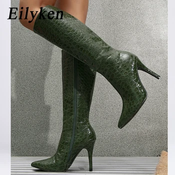 Eilyken, Модни ботуши до коляното с змеевидным принтом, Пикантни Женски обувки-лодка с цип с остри пръсти на тънък ток-висок ток