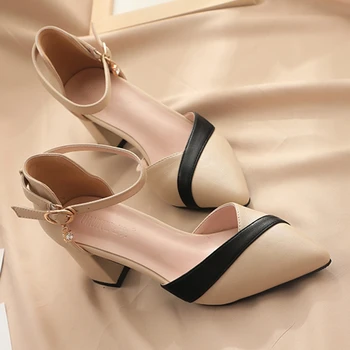 Новост 2023 г.; пролетно-летни дамски сандали Фея Вятър от груб плат с остри пръсти в тон; Модни сандали на висок ток с една пуговицей